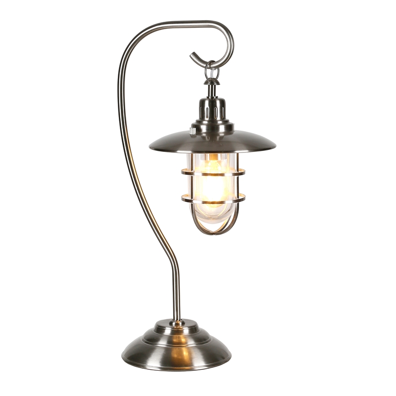 Maklaine Modern Metal Nautical Lantern Table Lamp in Brushed Nickel and Gray