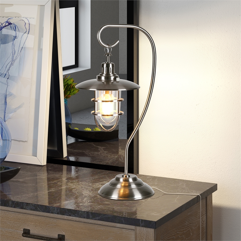 Maklaine Modern Metal Nautical Lantern Table Lamp in Brushed Nickel and Gray