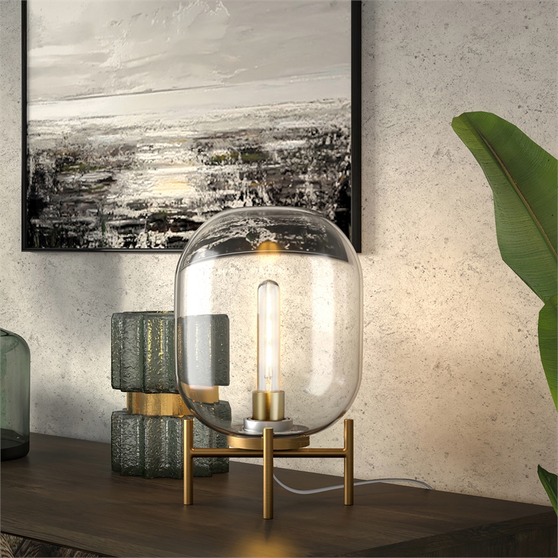 Maklaine Industrial Exposed Bulb Table in Brass with Clear Glass Shade