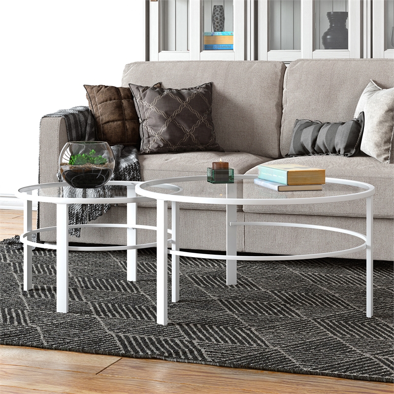 Maklaine Contemporary 2 Piece Nested Metal & Glass Coffee Table in White