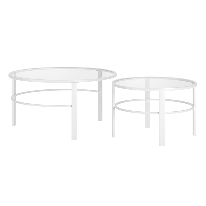 Maklaine Contemporary 2 Piece Nested Metal & Glass Coffee Table in White