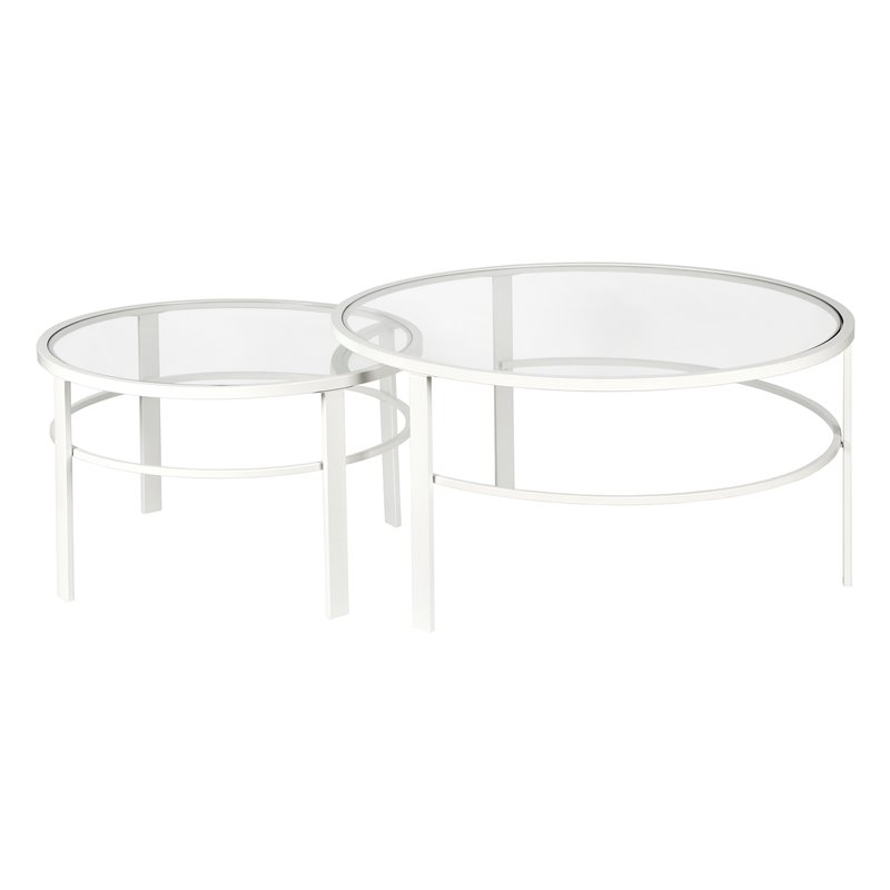 Maklaine Contemporary 2 Piece Nested Metal & Glass Coffee Table in White