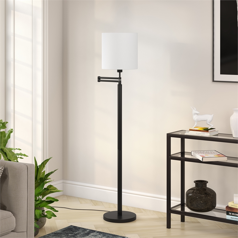 Maklaine Contemporary Metal Swing Arm Lamp Drum Shade in Black and Bronze