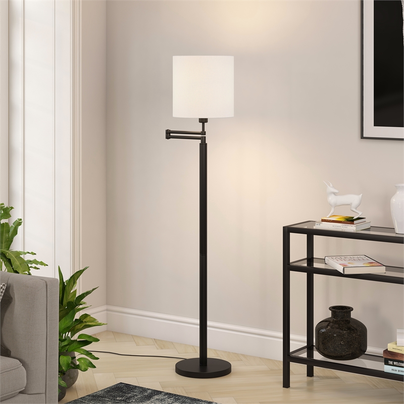 Maklaine Contemporary Metal Swing Arm Lamp Drum Shade in Black and Bronze