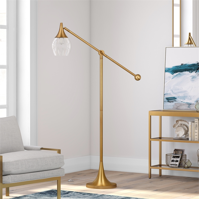Maklaine Contemporary Brass Floor Lamp with Boom Arm in Gold Finish