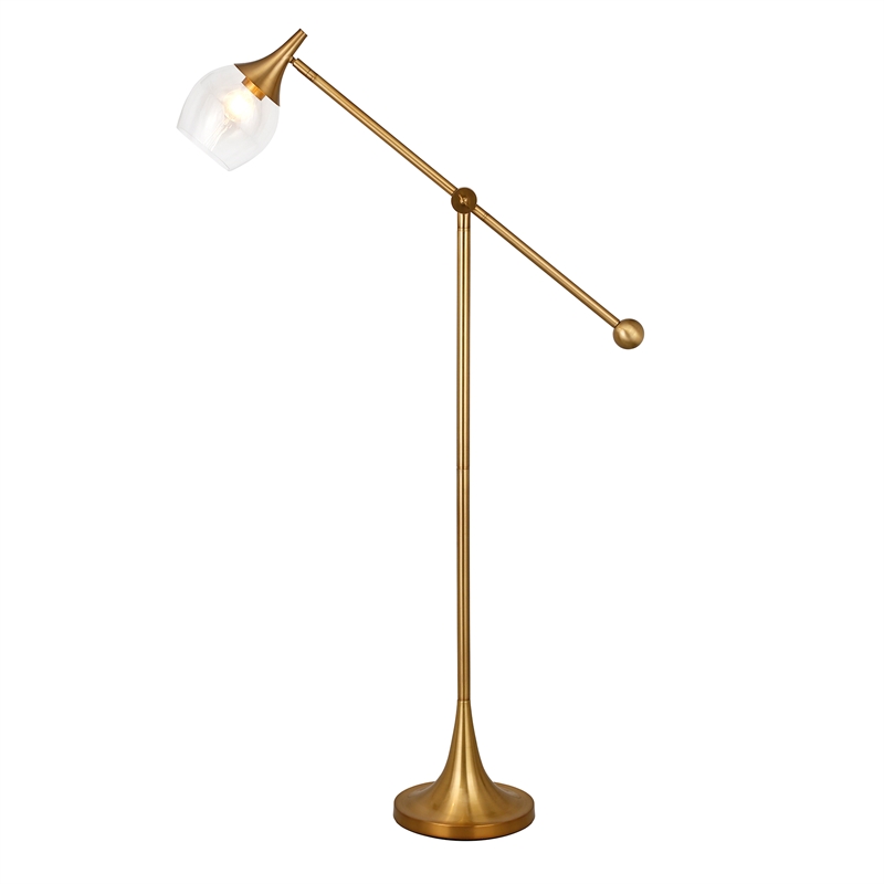 Maklaine Contemporary Brass Floor Lamp with Boom Arm in Gold Finish