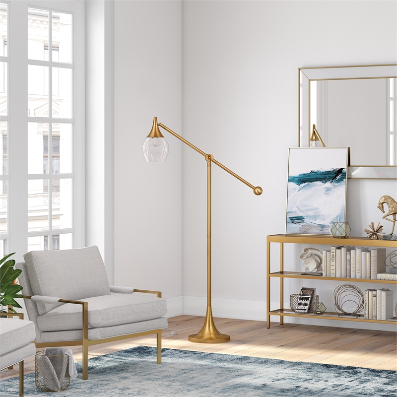 Maklaine Contemporary Brass Floor Lamp with Boom Arm in Gold Finish