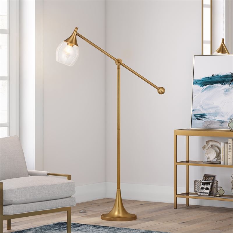 Maklaine Contemporary Brass Floor Lamp with Boom Arm in Gold Finish
