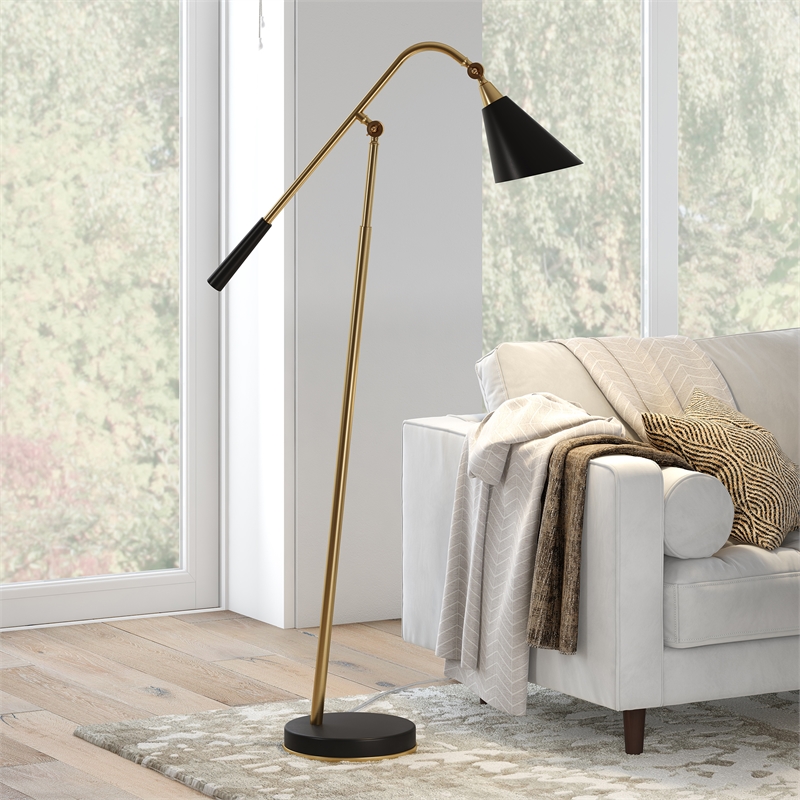 Maklaine Contemporary Two Tone Floor Lamp in Brass Gold and Matte Black