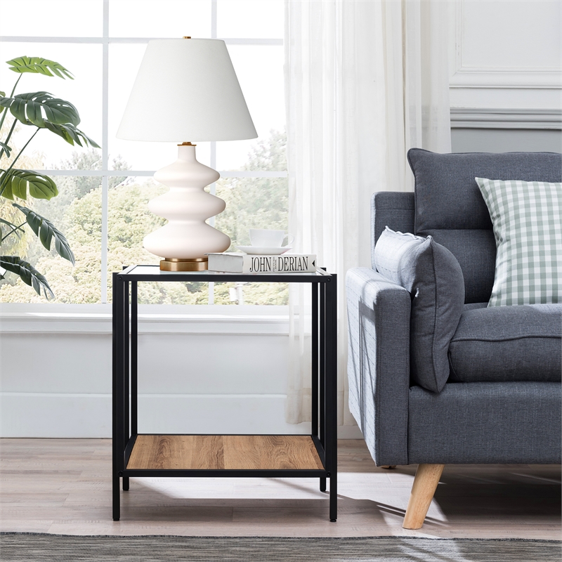 Maklaine Mid-Century Rustic Oak Side Table in Black/Bronze