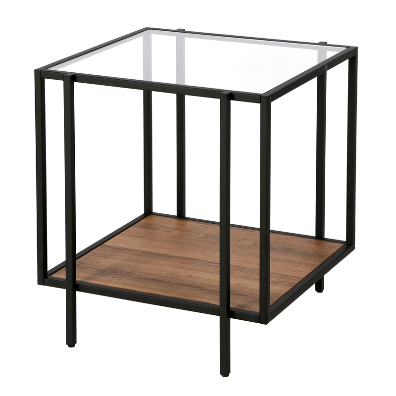 Maklaine Mid-Century Rustic Oak Side Table in Black/Bronze