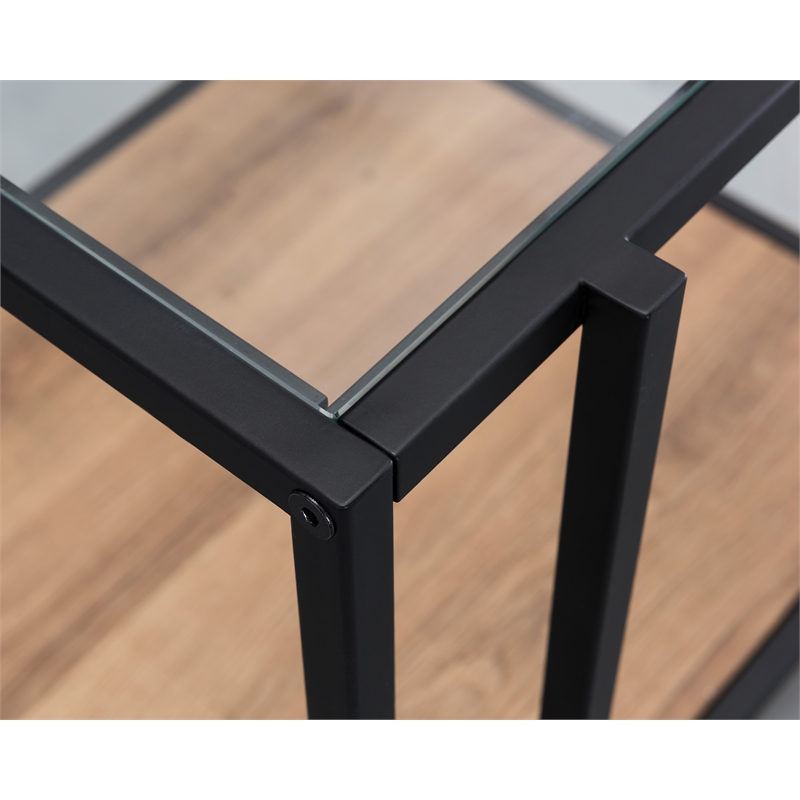 Maklaine Mid-Century Rustic Oak Side Table in Black/Bronze