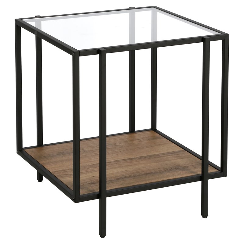Maklaine Mid-Century Rustic Oak Side Table in Black/Bronze