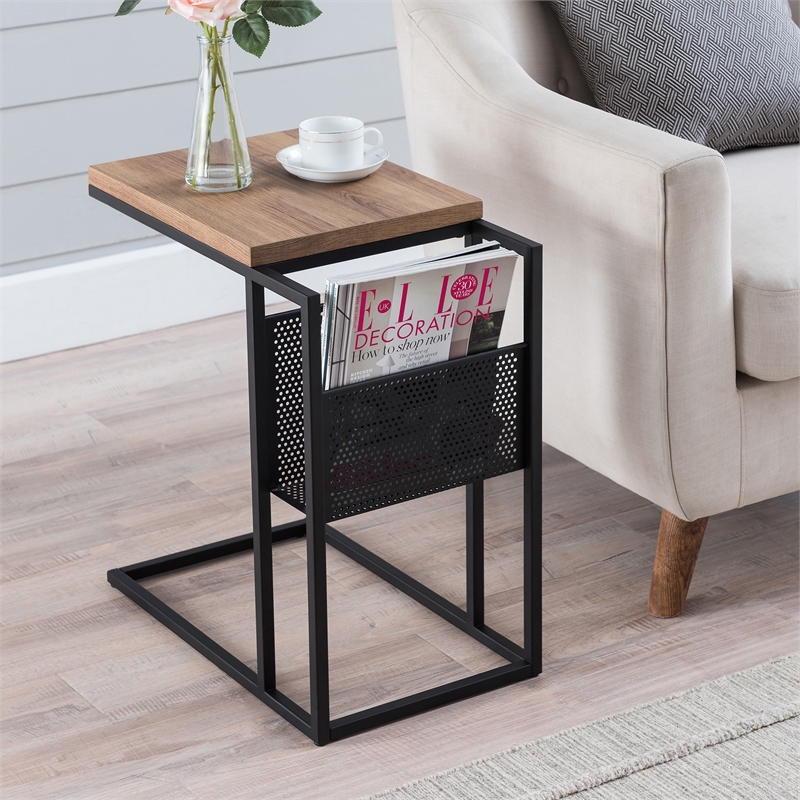 Maklaine Contemporary Blackened Bronze and Rustic Oak Side Table