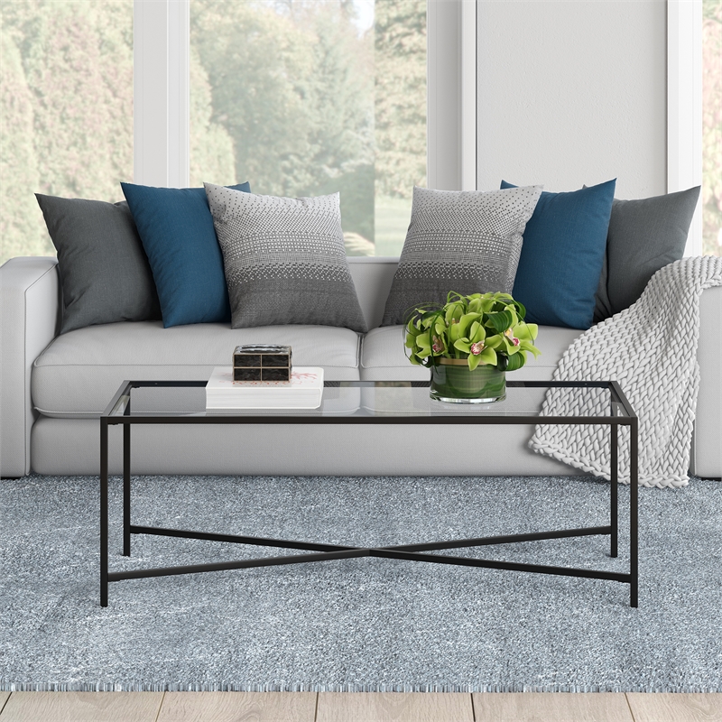 Maklaine Contemporary Coffee Table with Glass Top in Black/Bronze