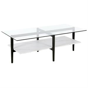 Maklaine Mid-Century 47&quot Coffee Table with Faux Marble Shelf in Black/Bronze