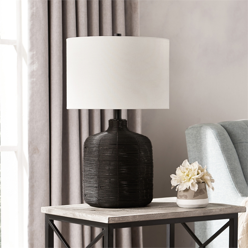 Maklaine Contemporary Rattan Table Lamp in Black