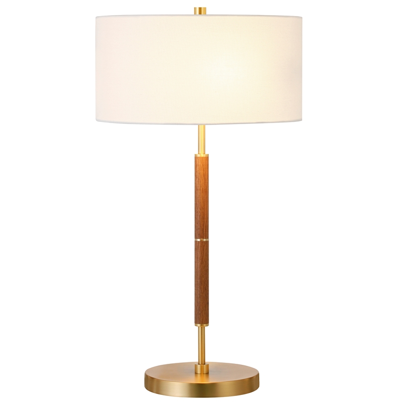Maklaine Contemporary 2-Bulb Table Lamp in Rustic Oak and Brass