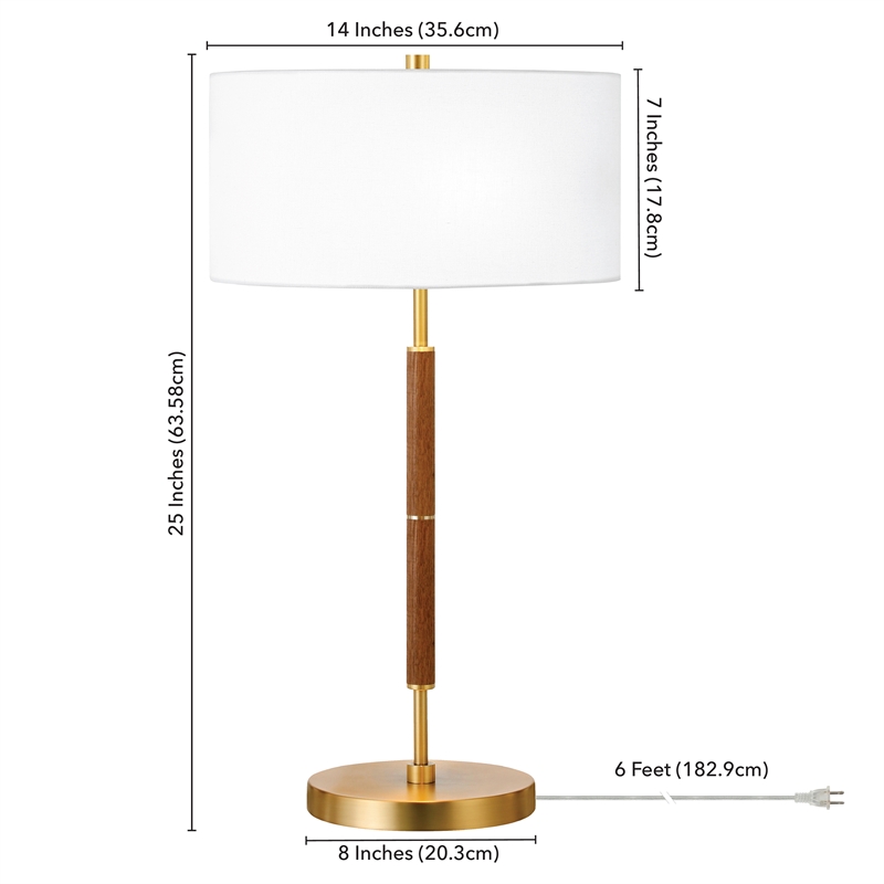 Maklaine Contemporary 2-Bulb Table Lamp in Rustic Oak and Brass