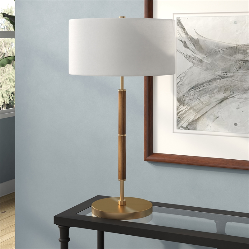 Maklaine Contemporary 2-Bulb Table Lamp in Rustic Oak and Brass
