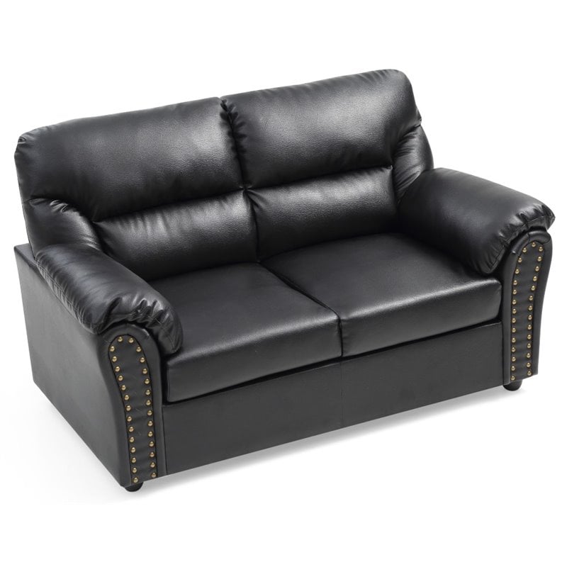 Maklaine Faux Leather Black Loveseat Rectangular Nailhead Accents 60