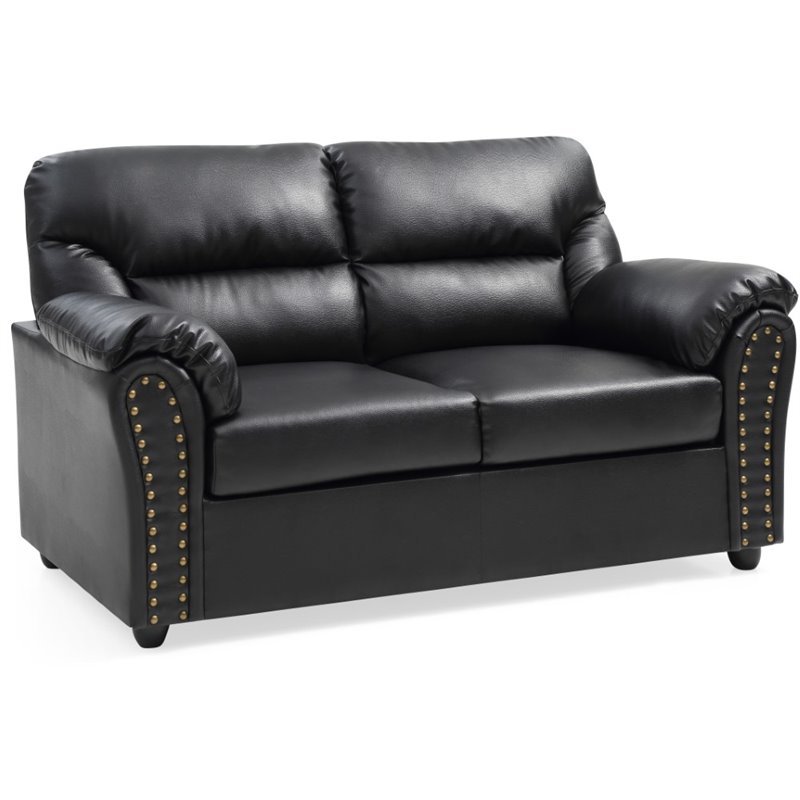Maklaine Faux Leather Black Loveseat Rectangular Nailhead Accents 60