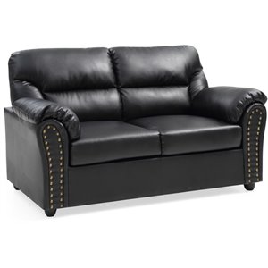 Maklaine Faux Leather Black Loveseat Rectangular Nailhead Accents 60&quot Unassembled