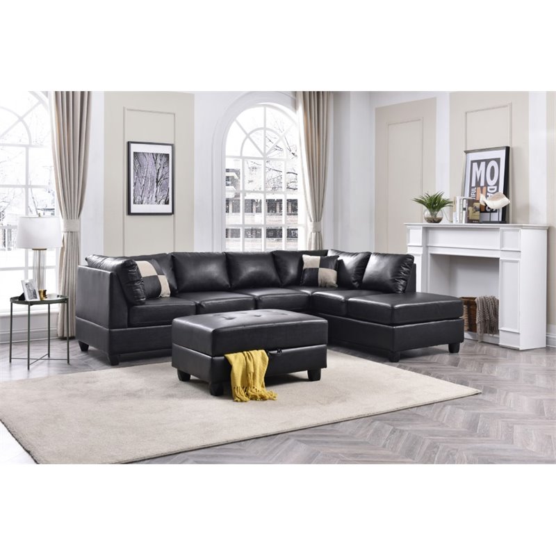 Maklaine Faux Leather Black Sectional Sofa Rectangular Reversible 111