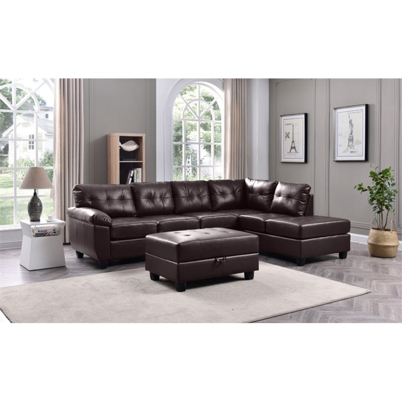 Maklaine Contemporary Faux Leather Sectional in Cappuccino Finish
