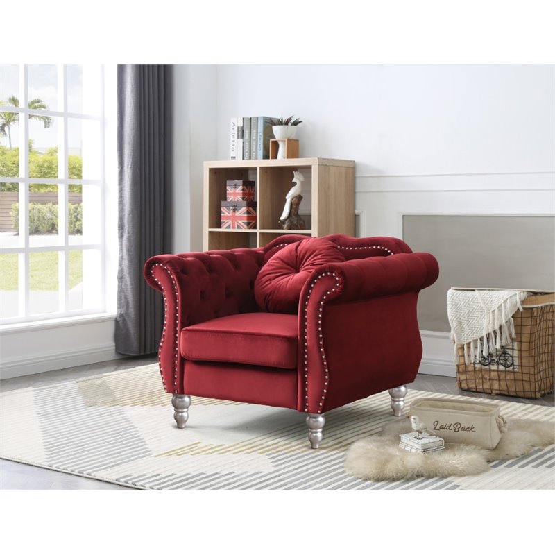 Maklaine Transitional Tufted Velvet Chair in Burgundy Finish