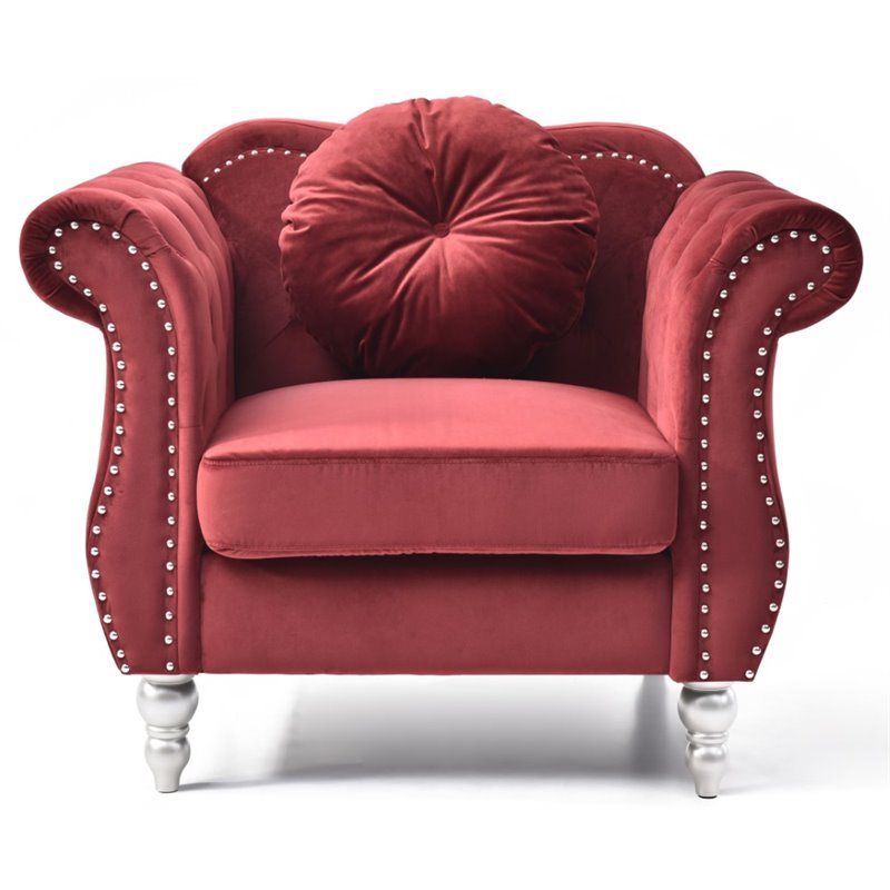 Maklaine Transitional Tufted Velvet Chair in Burgundy Finish