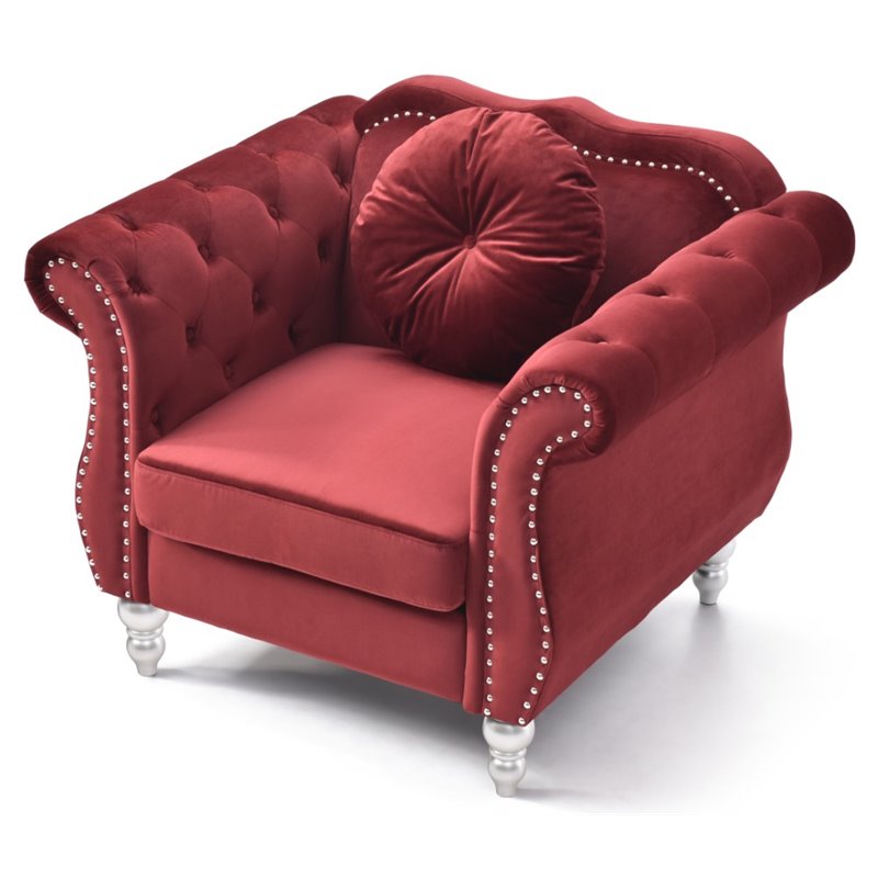 Maklaine Transitional Tufted Velvet Chair in Burgundy Finish