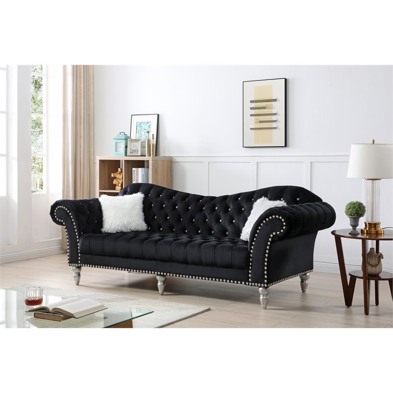 Maklaine Traditional Upholstery Velvet Sofa  in Black Finish