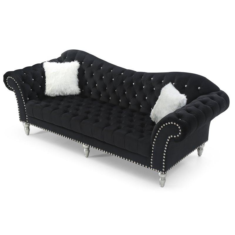 Maklaine Traditional Upholstery Velvet Sofa  in Black Finish
