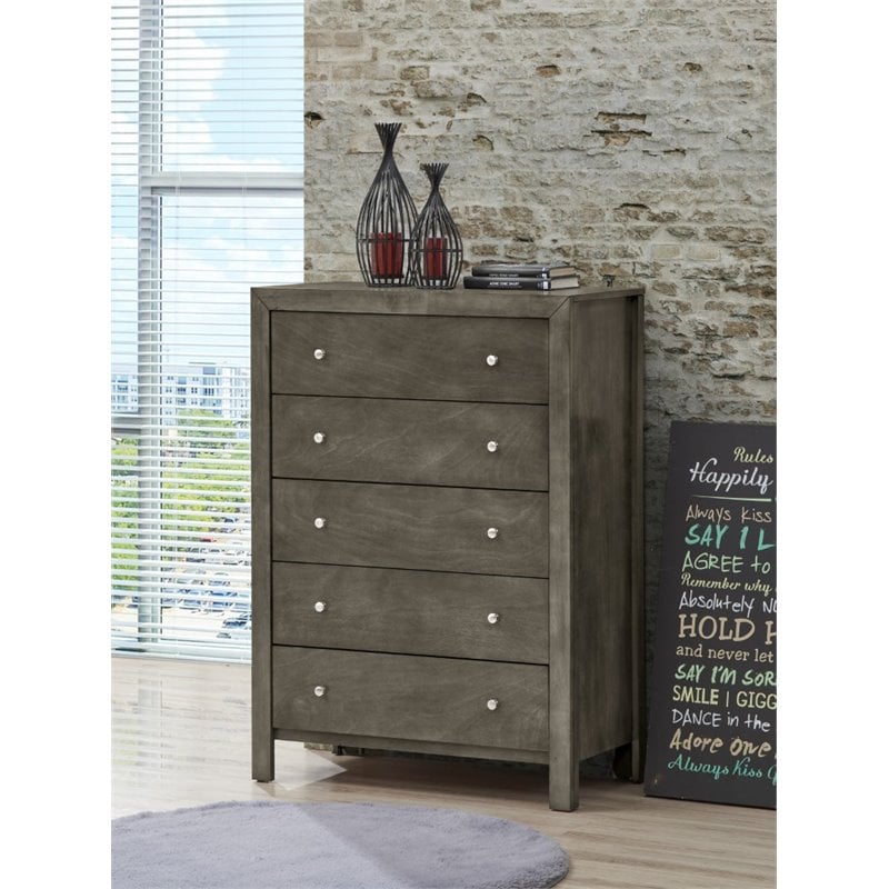 Maklaine Transitional Engineered Wood 5 Drawer Chest in Gray