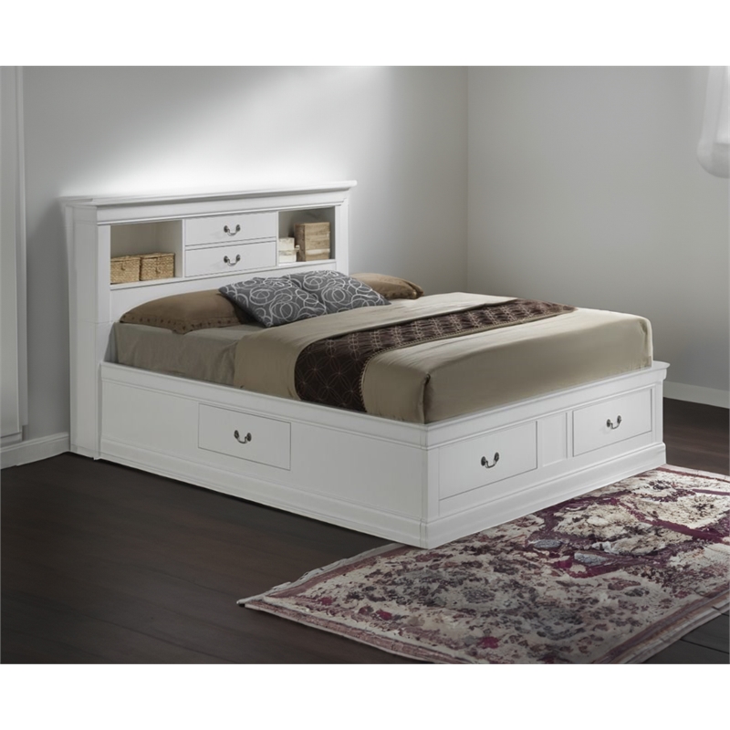 Maklaine Wood White Storage Platform Bed Queen Bookcase 49