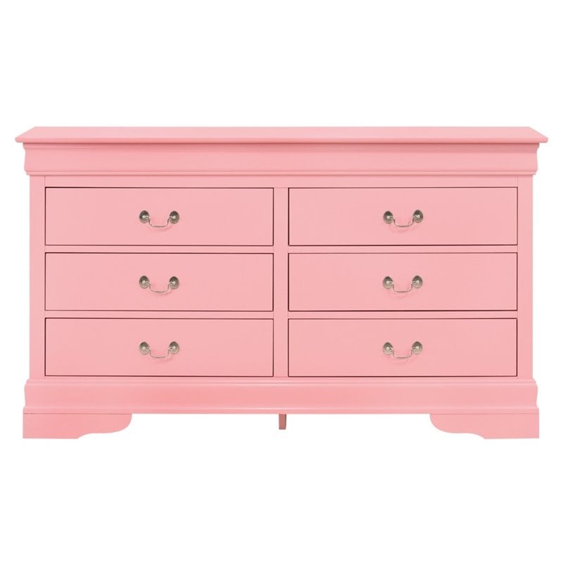 Maklaine Traditional Engineered Wood 6 Drawer Dresser in Pink
