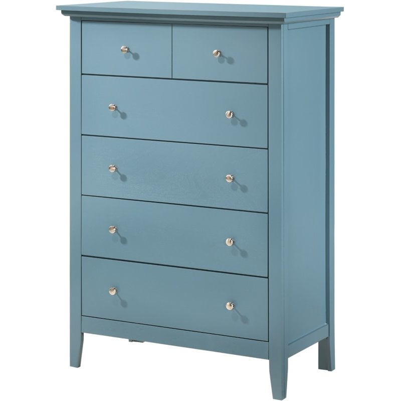 Maklaine Engineered Wood 5 Drawer Bedroom Chest in Teal Finish