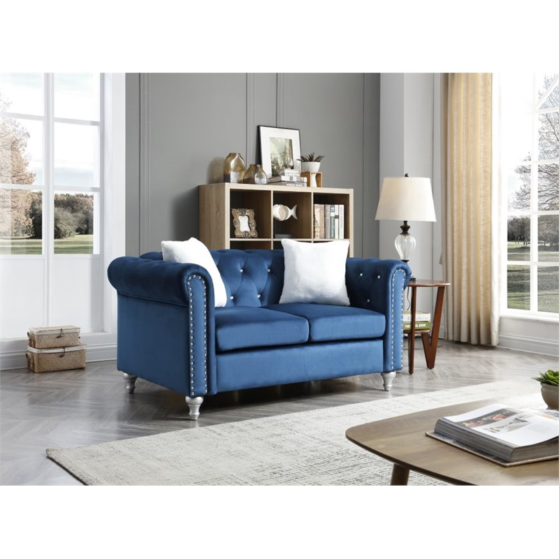 Maklaine Contemporary Soft Velvet Loveseat in Navy Blue Finish
