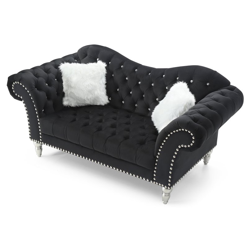 Maklaine Velvet Black Loveseat Rectangular Deep Tufted 110
