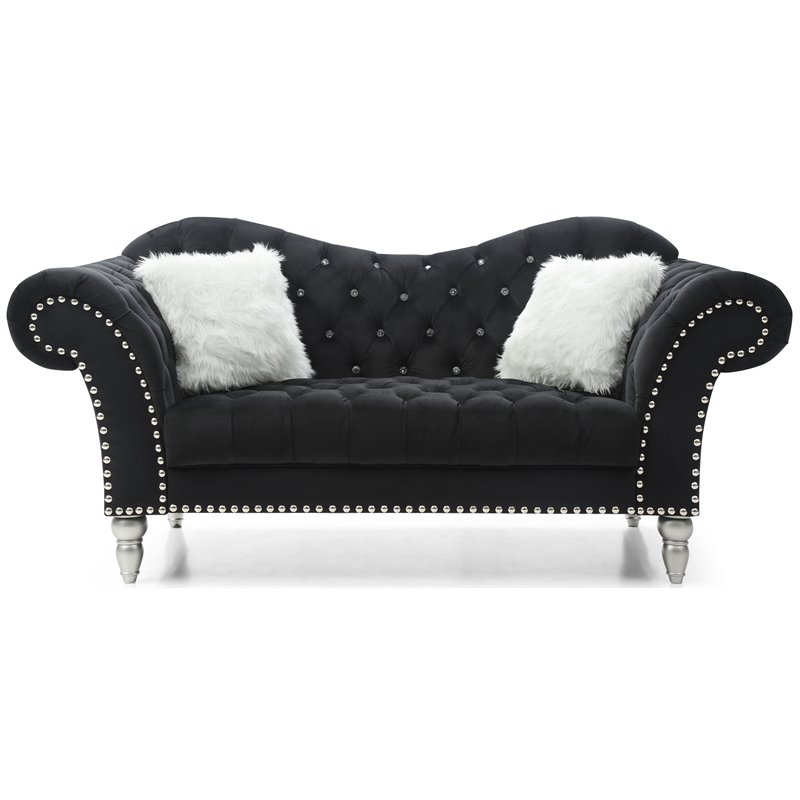 Maklaine Velvet Black Loveseat Rectangular Deep Tufted 110