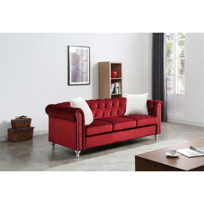 Maklaine Contemporary styled Soft Velvet Sofa in Burgundy Finish