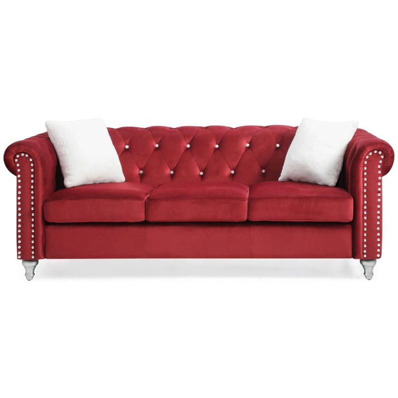 Maklaine Contemporary styled Soft Velvet Sofa in Burgundy Finish