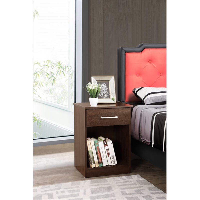 Maklaine Engineered Wood 1-Drawer Bedroom Nightstand in Wenge
