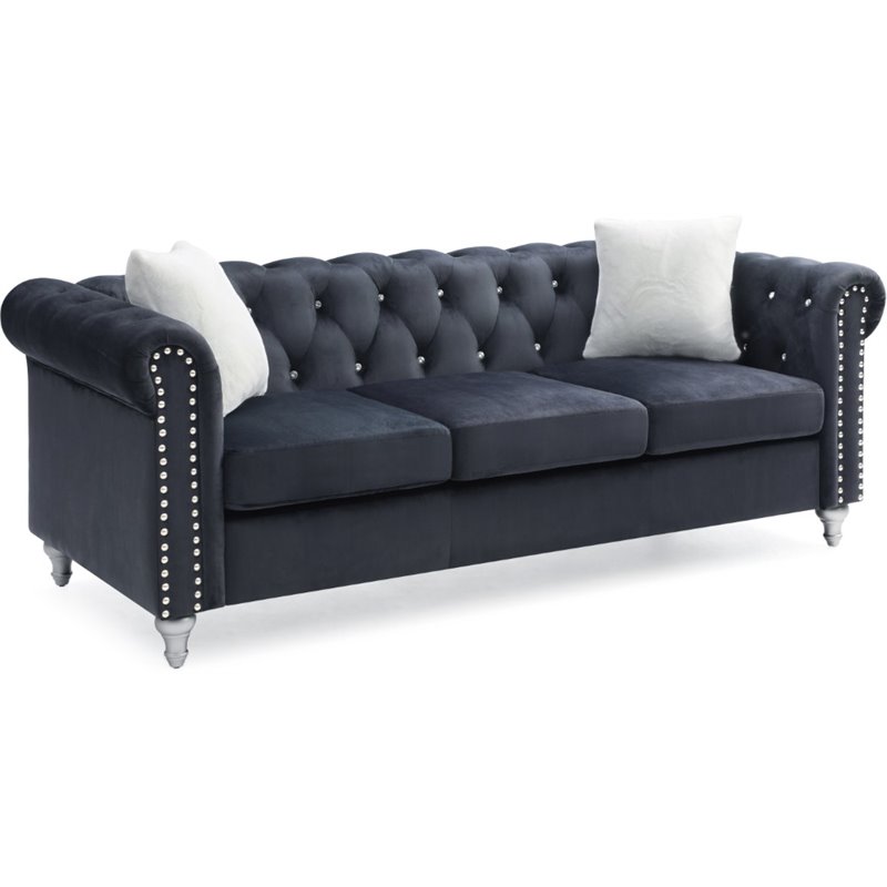 Maklaine Contemporary Velvet Sofa Tufted with Faux Jewels in Black