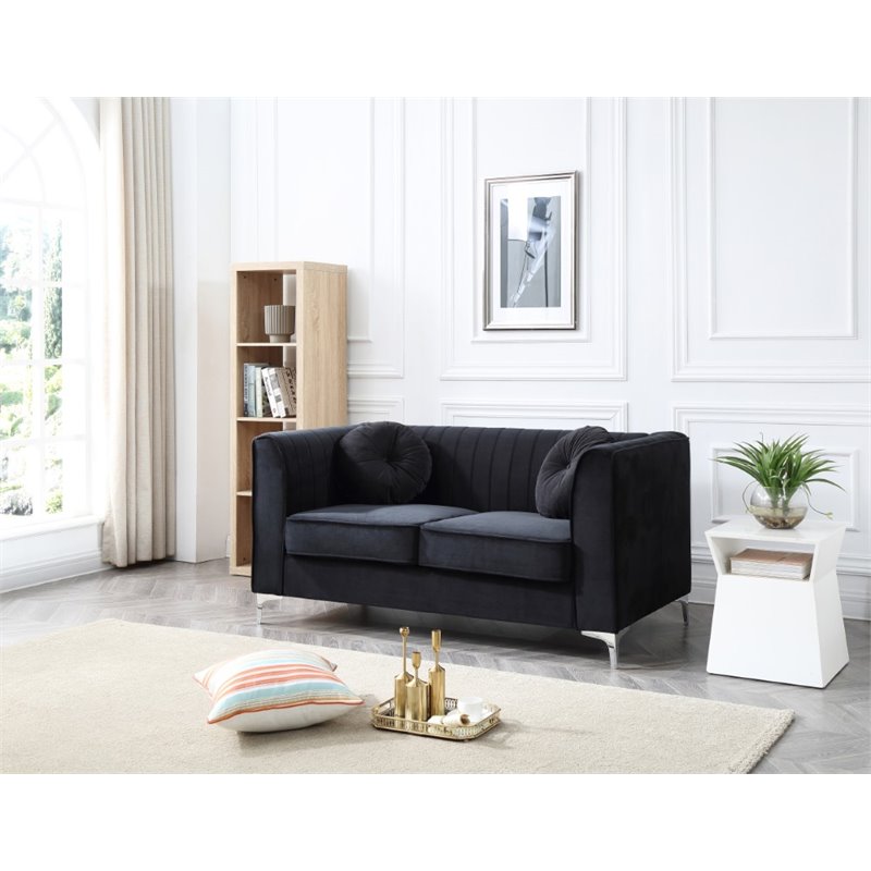 Maklaine Contemporary Soft Velvet Channel Tufted Loveseat in Black