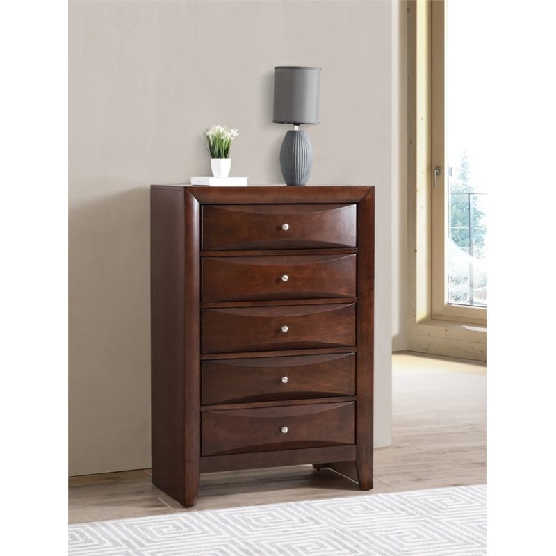Maklaine Contemporary Engineered Wood 5 Drawer Chest in Cappuccino