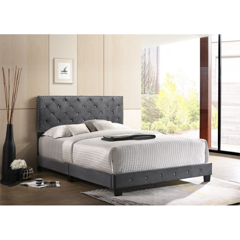 Maklaine Transitional Upholstered Velvet Queen Bed in Gray Finish