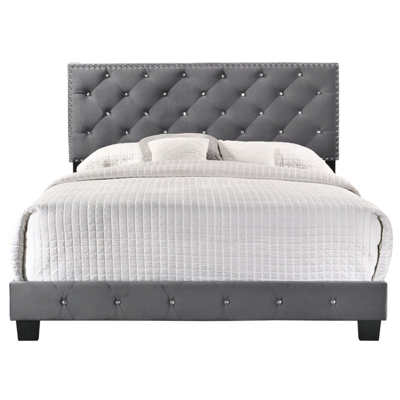 Maklaine Transitional Upholstered Velvet Queen Bed in Gray Finish