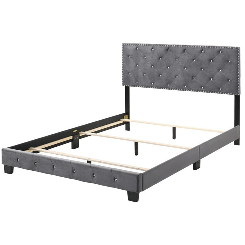 Maklaine Transitional Upholstered Velvet Queen Bed in Gray Finish